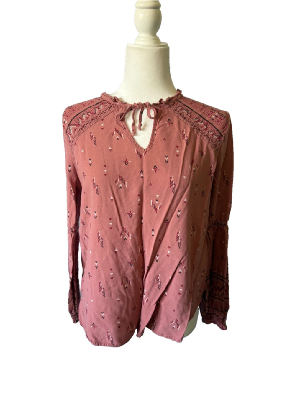 Maurice's Medium Terracotta Floral Peasant Blouse Tie Neck Boho Long Sleeve Top